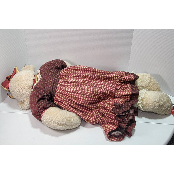 Fuzzy Dog Large Cream Colored Stuffed Plush Red Checkered Plaid Dress with Bows - Picture 8 of 9